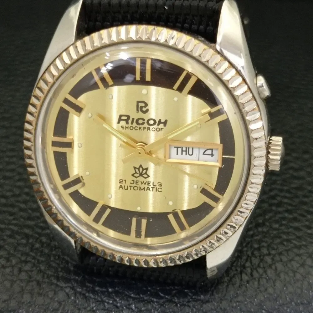 Vintage 1976 Ricoh Automatic Mens Silver Watch W/daydate & Gold accents